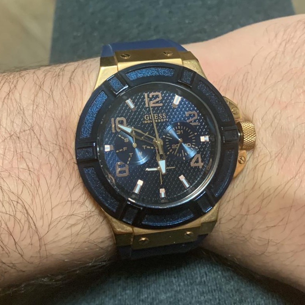 Guess men’s watch #U0571L1 Blue &Gold rubber strap